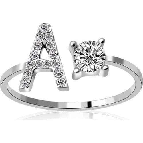 Fashion Jewelry 26 Letter Rings For Women Lady Creative Cubic Zirconia Open Finger Ring Silver Color Party Gifts