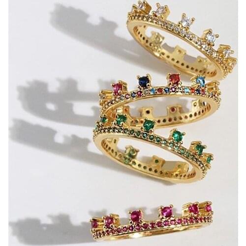 Wholesale gold filled hollow sparking bling zirconia geometric crown shape women wedding gift fashion bridal ring jewelry 1piece