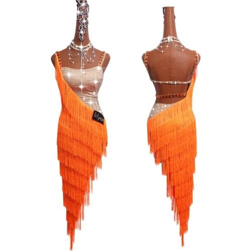 2019 Sexy Latin Dance Dresses For Ladies Orange Cocktail Braces Dresses Young Female Women Ballroom Tutu Tassel dresses DL3704