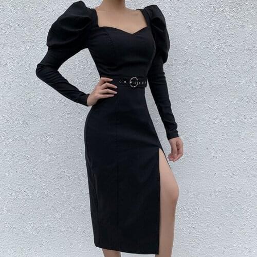 2021 New Style Women’s Fashion Solid Color Mid-length Dress Ladies Sexy Square Collar Puff Sleeve Split Skinny Dress with Belt