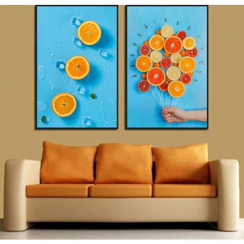 2 Pcs Modern Artistic Style Fruit Oranges Blue Background Poster Wall Painting Murals In Nordic Style for Living Room Decor