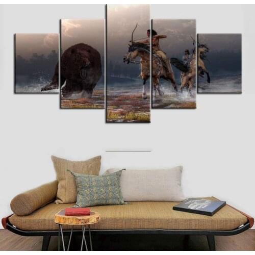5 Panel Canvas Painting Picture Indians Warrior Colored Feathers Poster Living Room Wall Decoration Painting Prints Wall Art