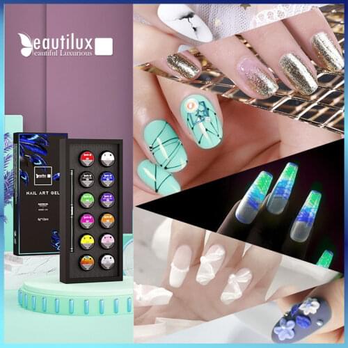 Beautilux Nail Art Design Gel Kit Without Sticky Layer Painting Carving Sculpturing Spider Lining UV LED Maincure Set With Brush