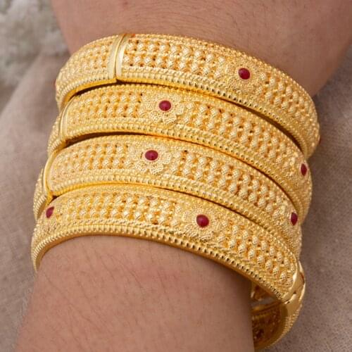 4Pcs/set 24K Dubai Gold Color Bangles for Women Ethiopia wedding Bangles&Bracelets Africa Saudi Arab Red jewelry Party gift