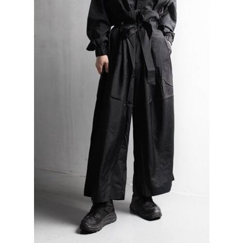 Mens pants new trend hip hop casual pants wide leg pants Linen Lace up high waist casual pants loose large pants