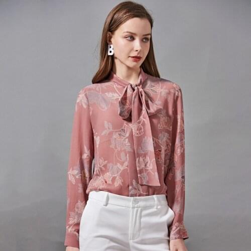 Elegant Real Silk Shirt OL Women Tops Flowers Spring Summer Bow Blouse Lady long-sleeved Floral printed Silk Shirt women