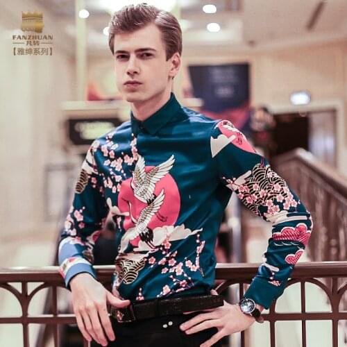 FanZhuan Free Shipping New mens man fashion 2017 casual male long sleeved personality Crane printing collar shirt 712011 blouse