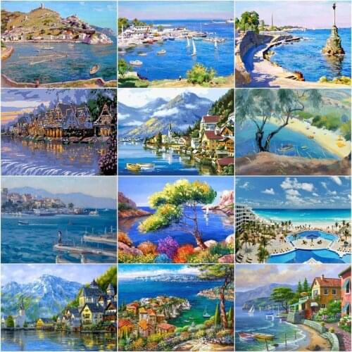 GATYZTORY Painting By Number Seaside House For Adults Drawing HandPainted Art Paint By Number Kits Home Decoration DIY Gift