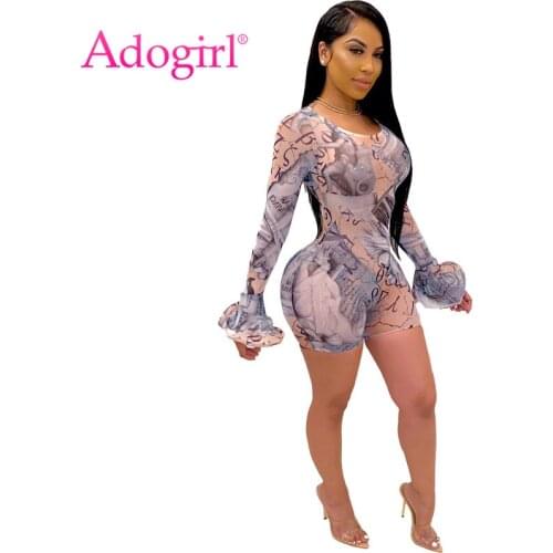 Adogirl Sexy Print Sheer Mesh Short Jumpsuit O Neck Flare Long Sleeve Bodycon Playsuit See Through Romper Fashion Club Outfits