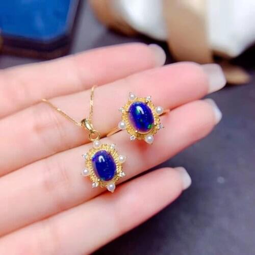Natural Blue Opal S925 Sterling Silver Ring Pendant Necklace Set Fine Fashion Weddings Jewelry for Women MeibaPJFS
