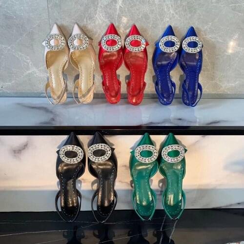 Fashion Brand Womens Shoes Genuine Leather Womens Pumps Pointed Toes Low Heels Sandals For Woman Crystal Silk Sandals