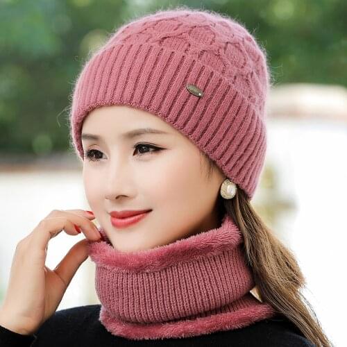 New Women Winter Hat Outdoor Keep Warm Cap And Scarf Set Add Fur Lined Beanie Hats For Women Casual Rabbit Fur Thick Knitted Hat
