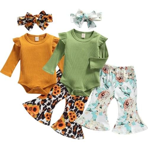New Baby Girl’s Tops and Trousers Suit Fresh Solid Color Long Sleeve Romper and Flower Trumpet Pants with Headband
