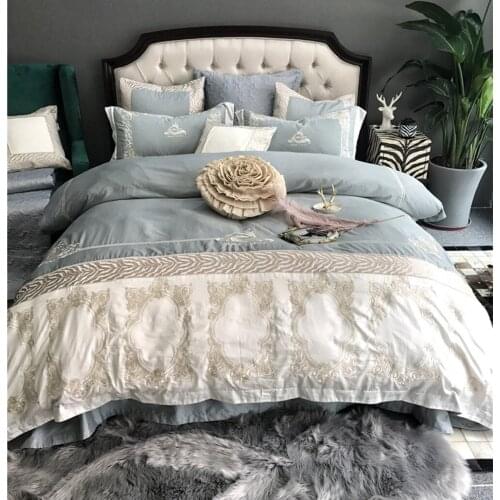 100S Egyptian Cotton Embroidery Luxury Royal Bedding Set 4pcs King Queen Wedding Bed Sheet set Duvet cover Pillowcase 6pcs blue