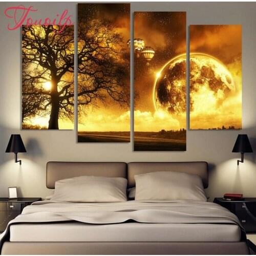 TOUOILP 4pcs,Full Square&round 5D Diamond Painting Sunset tree Diamond Embroidery,Cross Stitch,Mosaic,sticker,home decoration