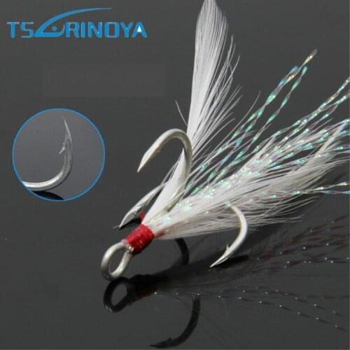 TSURINOYA 5Pcs 10# 8# 6# 4# High Carbon Steel Barbed Blood Groove Treble Fish Hook with White Feather Winter Fishing Tackle Tool