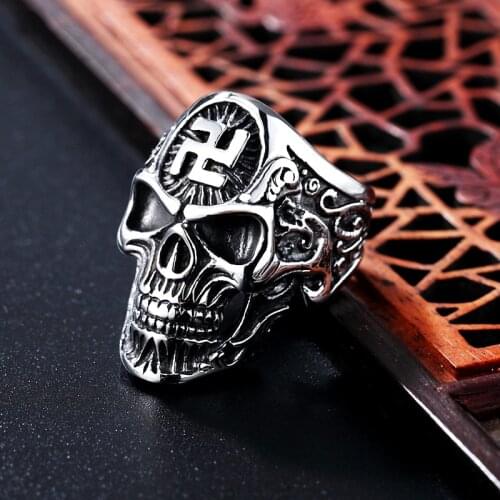 Vintage Buddhism Sign Swastika Skull Ring Mens Skull Devil Biker Ring Fashion Stainless Steel Gothic Punk Ring Jewelry Wholesale