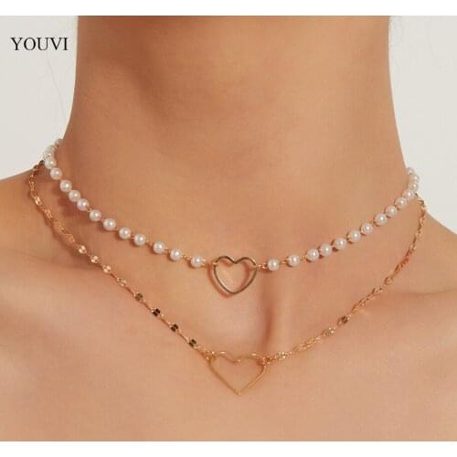 YOUVI Fashion Kpop Pearl Choker Necklace Cute Double Layer Clavicle Chain Necklace Sweet Heart Pendant For Women Jewelry Girl