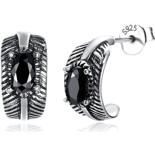 ZEMIOR Curving Feathers Vintage Earrings 925 Sterling Silver Black Oval Cubic Zirconia Stud Earrings For Women Fine Jewelry