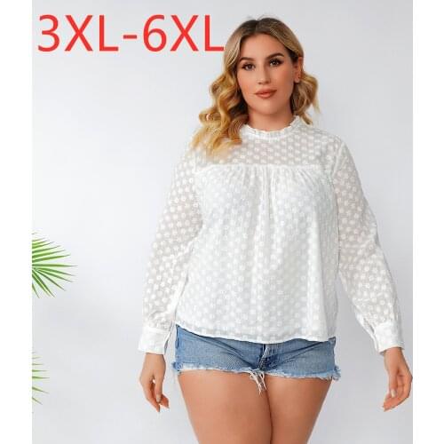 New 2021 Spring Autumn Plus Size Tops For Women Large Blouse Long Sleeve Casual White Floral Print Ruffle Shirt 3XL 4XL 5XL 6XL