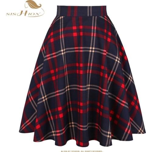 SISHION 2021 New Women Ladies Summer Skirt VD0020 Irish Skirts Blue Red High Waist Swing 50S 60S Cotton Vintage Plaid Skirt