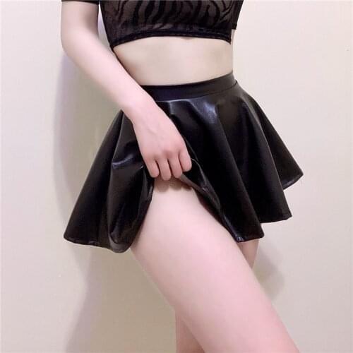 PU Leather Women Mini Skirts A-Line Circle Elastic lared Pleated High Waist Latex Short Skirt Sexy Streetwear Rave Dance Bottoms