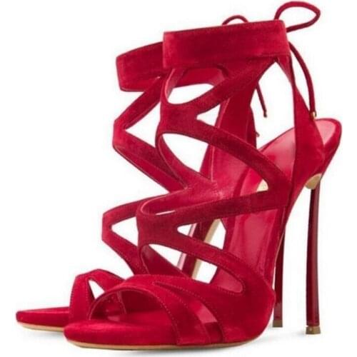 Cheap Price Red Suede Sandals Women 2018 Cross Straps Cut-ous Lace-up Gladiator Sandals Shoes Metal Heels Summer Dress Shoes