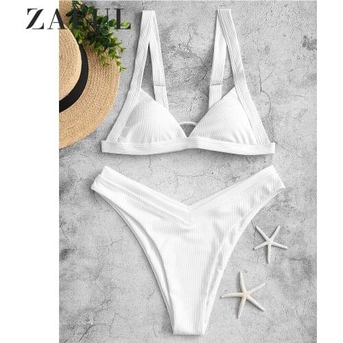 ZAFUL Ribbed V-Cut High Leg Bikini Swimsuit Women Wire Free Straps High Cut Bikini Set Removable Padded Triangle Swimsuit Summer
