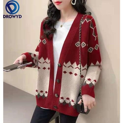 2021 V-neck Loose Korean Autumn and Winter Cardigan Sweater Coat Women Fashion Mid-length Single-breasted Sweater Jacket Coat