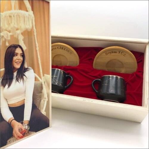 2 personality Coffee Cup Set 4 piece Coffee cup Wood Boxed Cup Set İsime Customized Photo Home Gift Anniversary Gift