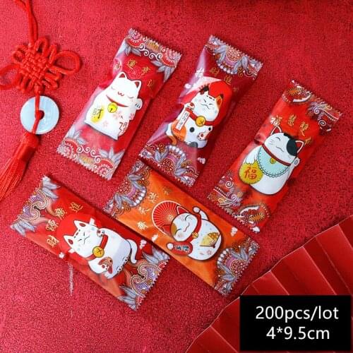 200pcs/lot Candy Sugar Packaging Bag Strong Festive Atmosphere Chinese Element Lucky Cat 4In1 Handmade New Year Party Goodie Bag