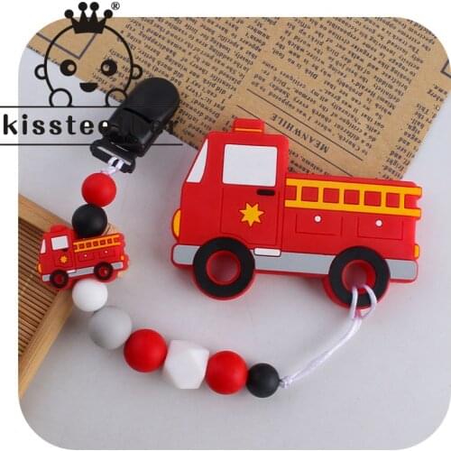 Kissteether Baby Pacifier Chain Cartoon Fire Truck Teether Set Nipple Dummy Clip Holder Infant Silicone Teething Soother Molar