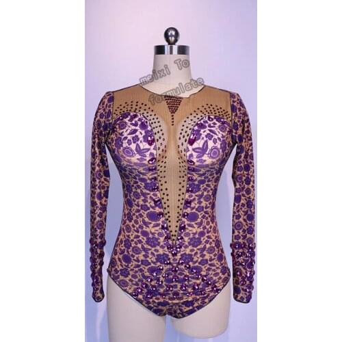 Purple lace rhinestone rock deep V stretch trousers bar nightclub concert singer dancers clothing
