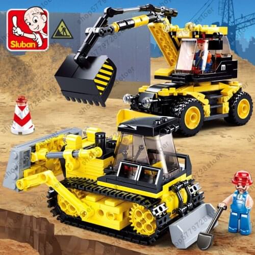 Minifigure Sluban Construction Engineering Build Block Excavator Truck Crane Bulldozer Educational Brick Toy Gifts FOR Children