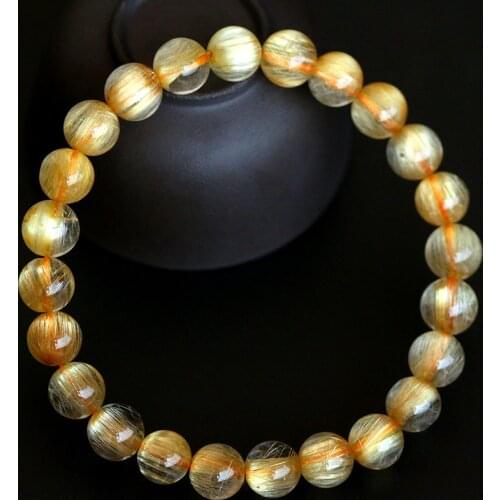 6A 8" Natural Genuine Titanium Gold Hair Rutile Quartz Stretch Bracelet Round Beads