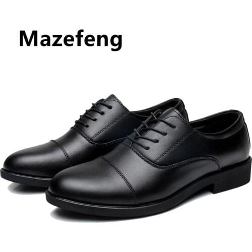 Mazefeng 2019 New Fashion Spring Autumn Men Leather Shoes Men Dress Shoes Lace-up Male Officer Shoes British Style Pointed Toe
