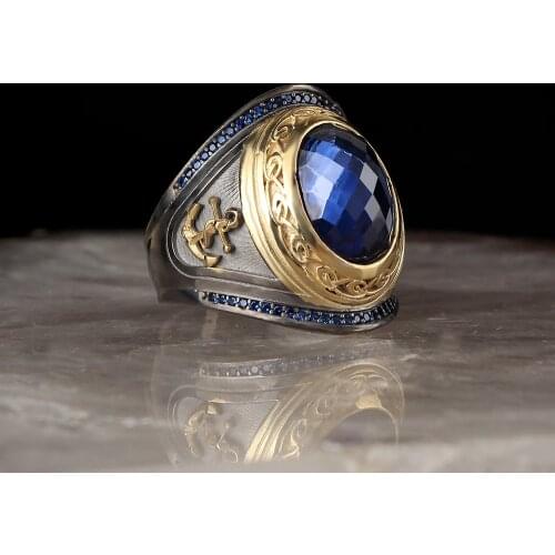 Lapping Plated Anchor Pattern Zircon Cubic Zirconia Men 'S Silver Ring