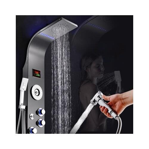 Quyanre Black Digital Shower Panel Coulum LED Rain Waterfall Shower Wall Mounted Side Spa Jets Bathroom Shower Set