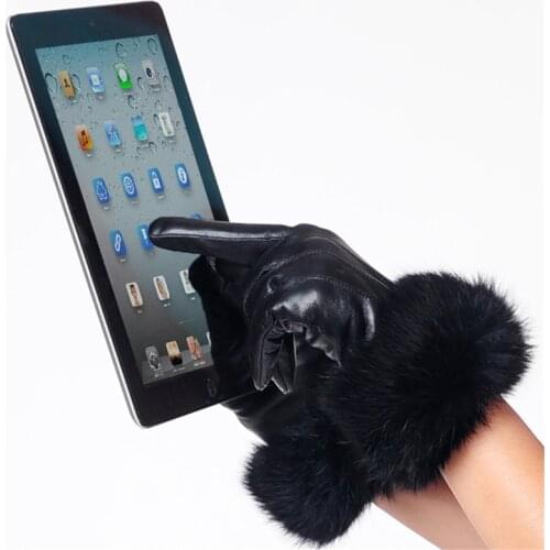 Rabbit Fur Gloves Women Winter Touch Screen Thermal Warm 100% Genuine Leather Soft Sheepskin Full Finger Driving Gloves Black