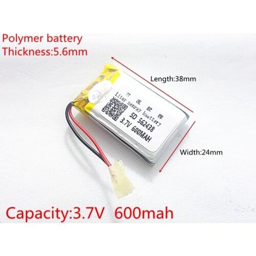 3.7V,600mAH,[562438] Polymer lithium ion / Li-ion battery for DVR RECORD,MP3,MP4,TOY,GPS,SMART WATCH,SPORT CAMERA