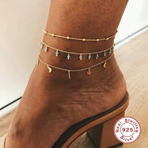 AIDE Bohemian Star Moon Flash Tassel Anklets for Women Gold Silver Ocean Beach Ankle Bracelet Silver 925 Jewelry tobillera