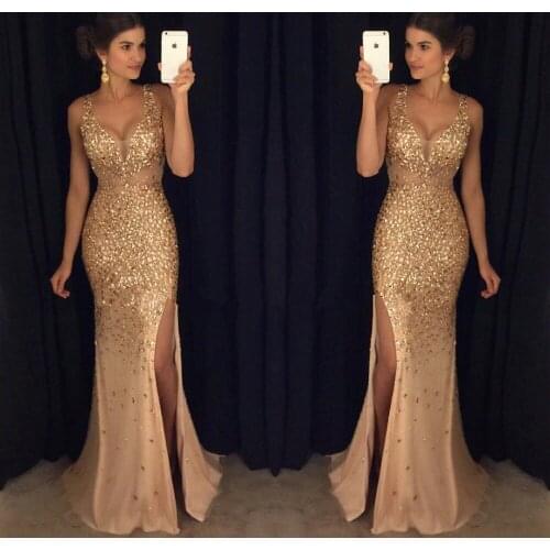 Luxurious Evening Dresses Mermaid V-neck Tulle Crystals Slit Sexy Islamic Dubai Kaftan Saudi Arabic Long Evening Gown
