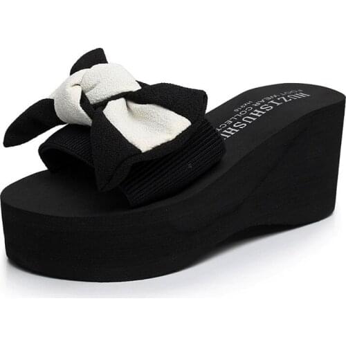 Summer Wear High-Heeled Slope-Heel Slippers Womens Shoes Fashion Soft Bow-Knot One-Word Drag Thick-Soled Outdoor Beach Sandals