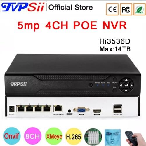 Remote Control Hi3536D XMeye Audio 48V Max 8TB H.265+ 5mp 4CH 4 Channel 9CH Face Detection Onvif IP POE CCTV DVR NVR