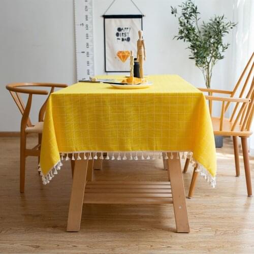Nordic Home Dining Table Cloth Yellow Striped Plaid Tassel Hem Washable Cotton Linen Rectangle Tablecloth for Christmas Party