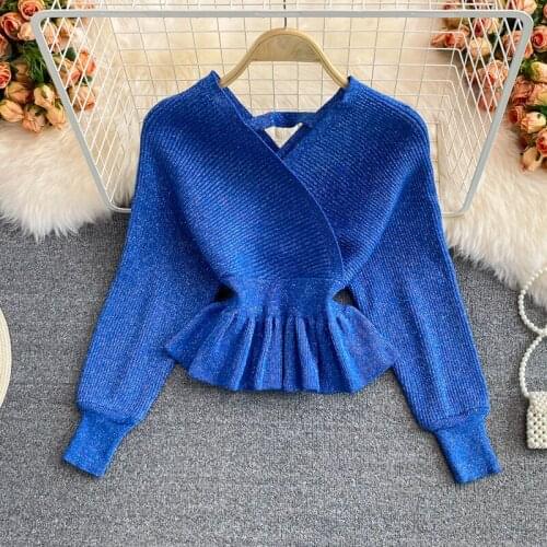 Bright Silk Pullover Knitwear Autumn Womens Long Sleeve Backless Short Knitted Shirt V-Neck Elastic Waist Ruffles Sweaters Tops