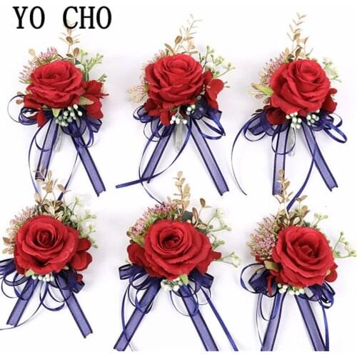 YO CHO Silk Rose Boutonniere Wedding Corsage Bracelet Bridesmaids Ribbon Decor Groom Boutonniere Wedding Marriage Corsage Flower