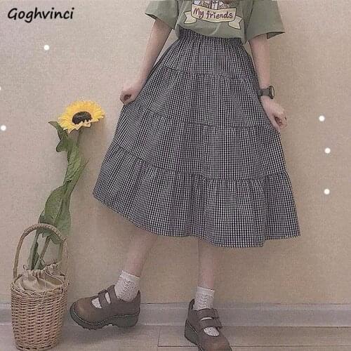 Skirts Women Plaid A-line Long Kawaii Preppy All-match Japanese Style Pleated Elastic School Elegant All-match Vintage Trendy