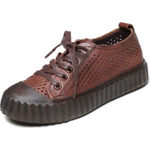 Handmade Retro Women Flat Platform Shoes 2021 Summer Woman Genuine Leather Summer Footwear Hollow Breathable Women Casual Shoes