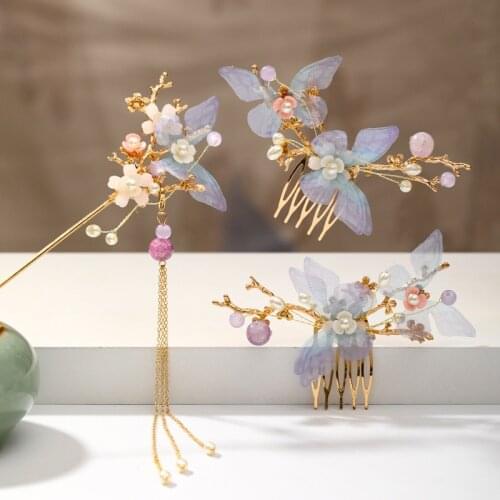2020 New Retro Style Hanfu Hairpin Lady Tassel Ancient Style Super Fairy Silk Yarn Butterfly Hairpin Comb Hair Ornament Ancient